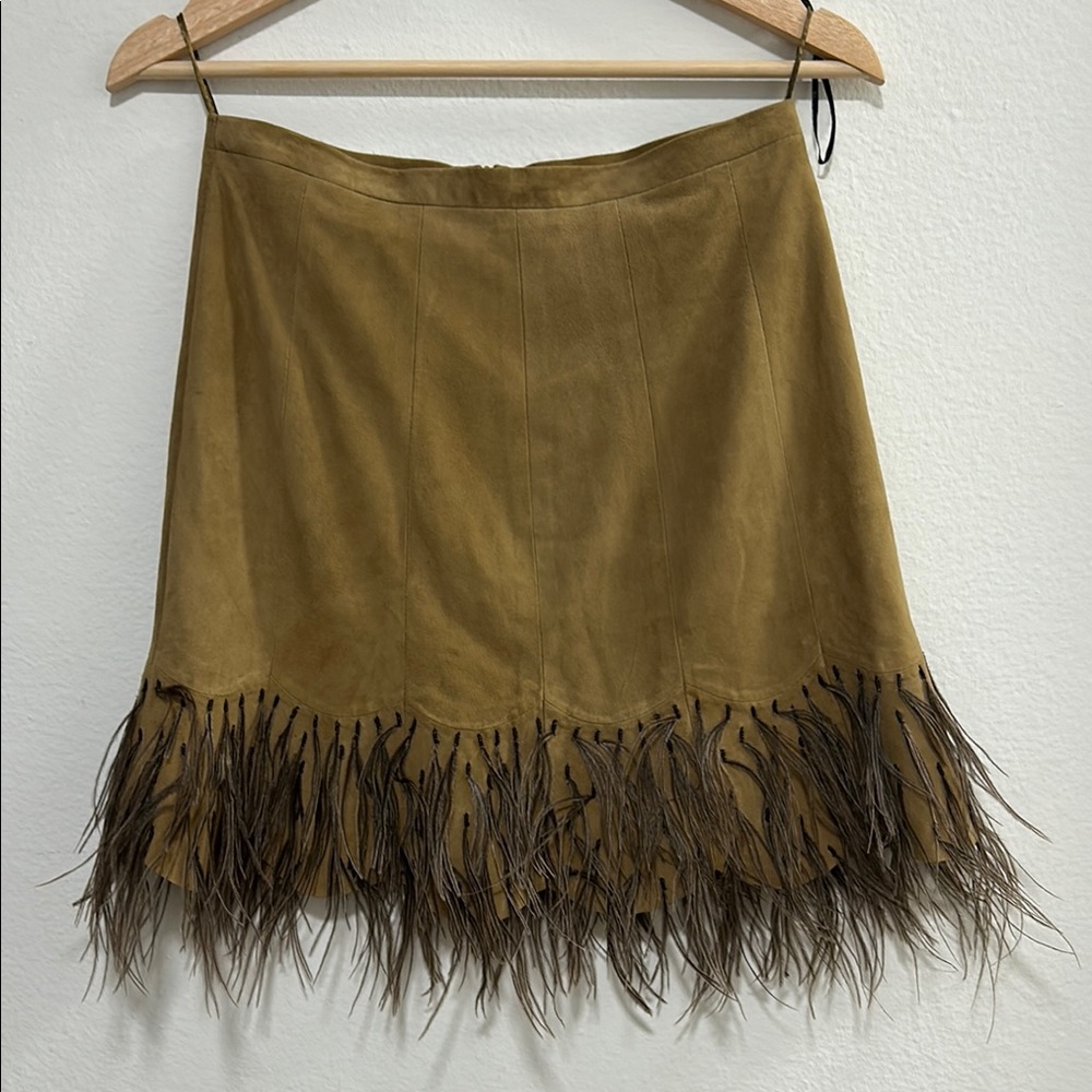 Anna Trzebinski Tan Suede Beaded Feather Trim Zip Skirt Size Small Fully Lined
